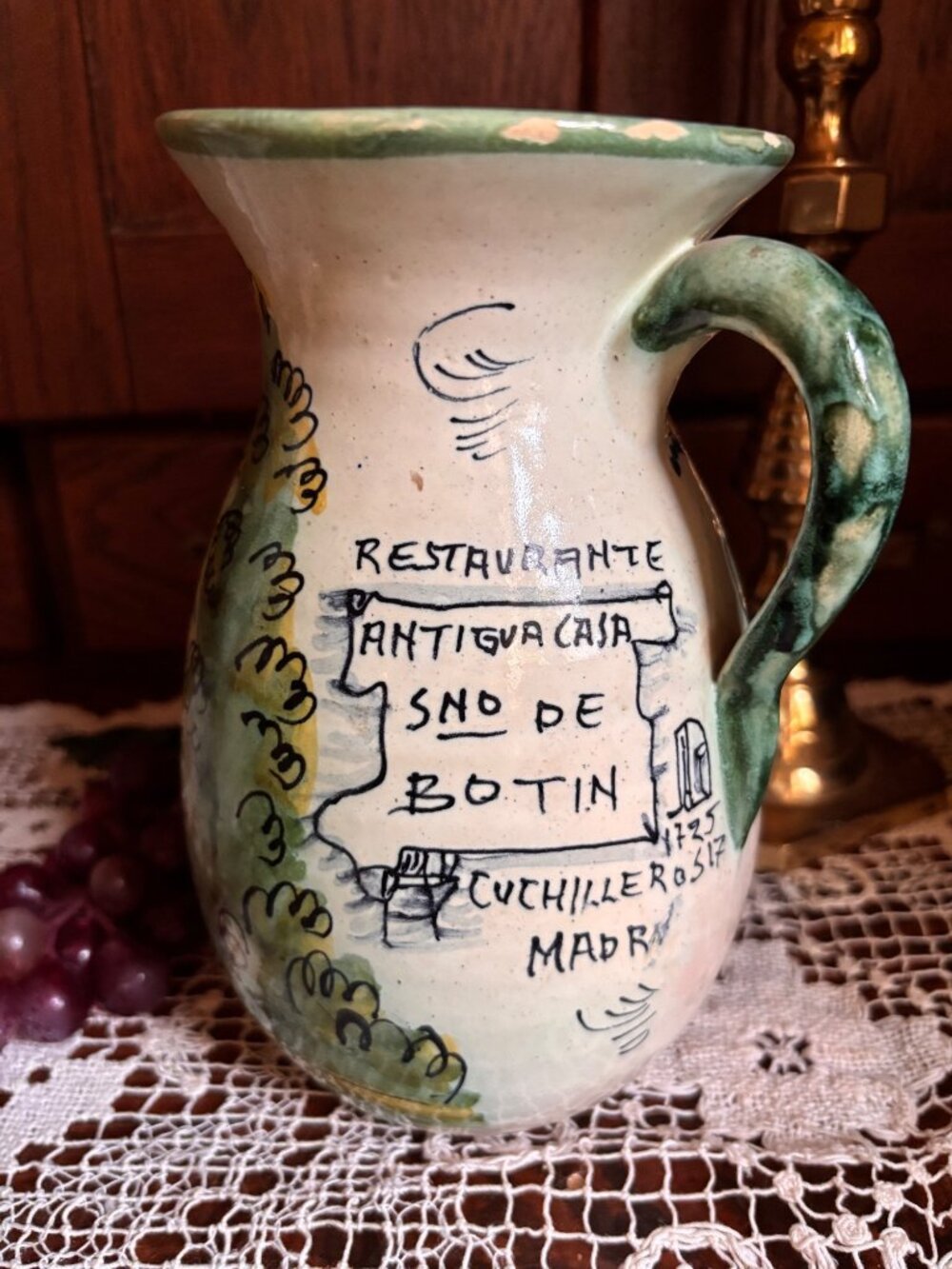 Hand-Painted Spanish Restaurante Botin Madrid Pitcher Santa Fe Puente Signed Dec - Picture 2 of 12